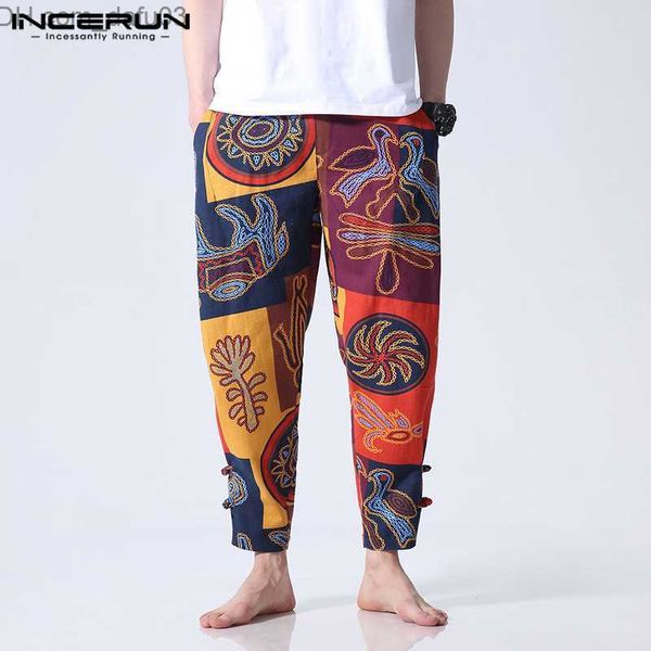 Herrenhosen Ethnisch floraldruckgedruckte Männer Hosen lässige Weitbein Hosen lässig Fitness Baggy Baumwolle Streetwear Harem Hosen Jogger Z230720