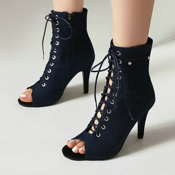 Сандалии синие джинсовые джинсы ткани западные ковбойские гладиаторы сексуальные шнурки с пит-ногами летние ботинки для женщин Spike High Heels Sandals 230719
