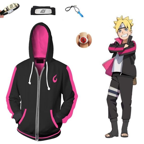 2020 Anime Naruto Uzumaki Boruto Hokage Unisex Reißverschluss Design Cosplay Kostüm Jacke Hoodie Mantel Stirnband Armband Ring Halskette Fu298d