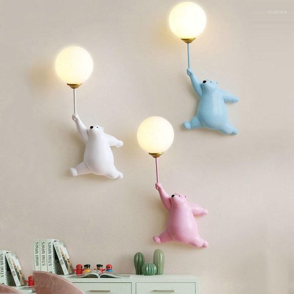 Lampada da parete moderna LED Cartoon blu bianco orso rosa per bambini bambini bambina camera da letto luce da comodino con stampa 3D luna