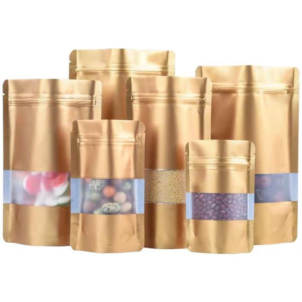 Gold Stand Up Package Zip Lock Mylar Foil Packing Pouches Borse con finestra trasparente 100pcs Food Storage Packaging Bag for Nuts 193u