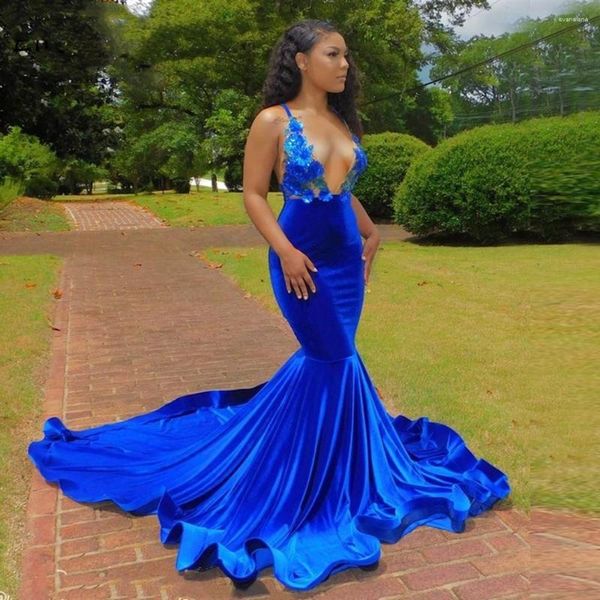 Платья для вечеринок Royal Blue Sexy Mermaid Prom African Black Girls Women Женщины с блестками Velvet V-образной v-образным вырезом с длинными формальными платьями без спинки