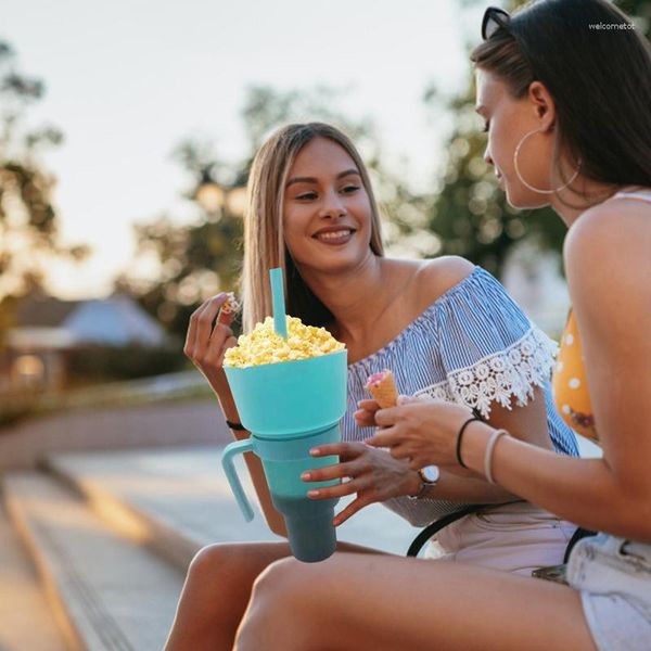 Teller, Snackbecher mit Strohhalm und Getränk, 2-in-1-Top-Schüssel, spritzwassergeschützt, auslaufsicher, tragbar, für Erwachsene und Mädchen