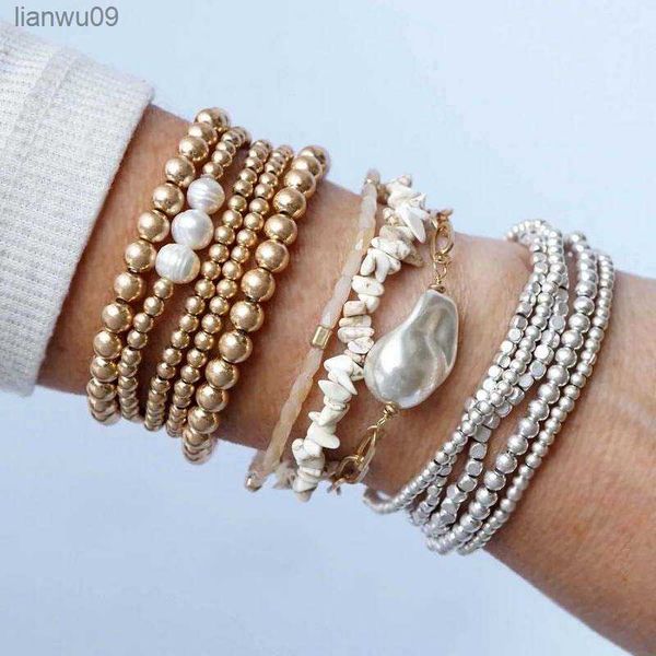 ZWPON 5 PCSSet Gold gefüllt Perlen Perle Charme elastische Armreifen Sets für Frauen Silber Farbe Mini Cube Perlen Armbänder Schmuck L230704