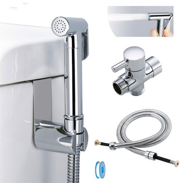 WC-Hand-Bidet-Sprühset, Messing verchromt, Badezimmer-Bidet-Wasserhahn, Sprühduschkopf mit Schlauch-T-Adapter-Halter2399