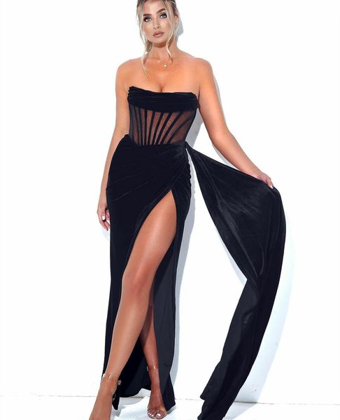 Vestidos de noite sexy longos de veludo preto com fenda alta sereia sem alças até o chão com zíper nas costas vestidos de baile com pregas para mulheres