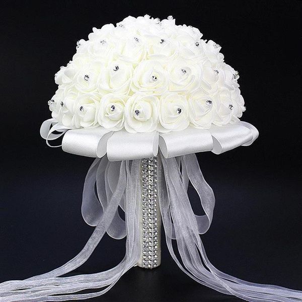 2021 s Rose Künstliche Braut Blumen Brautstrauß Hochzeitsstrauß Kristall Elfenbein Seidenband Neue Buque De Noiva Günstige CPA210t
