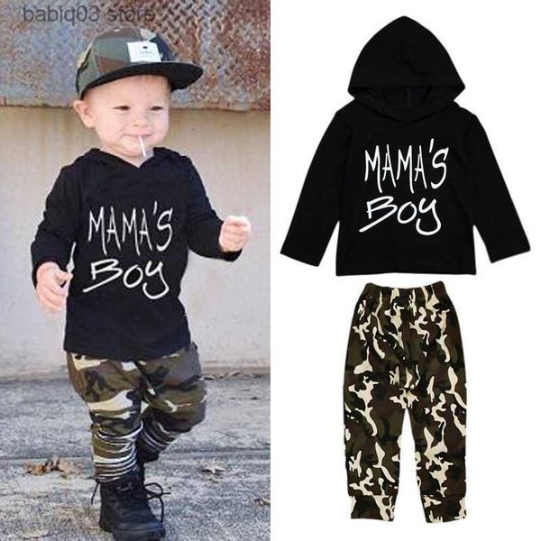 Conjuntos de Roupas Infantil Primavera e Outono Temporada Meninos Carta com Capuz Manga Longa + Calça Camuflada Conjunto de Duas Peças T230720