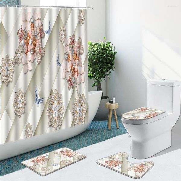 Tende da doccia 4 pezzi Tenda di lusso creativa Fiore tridimensionale Farfalla Set da bagno Tappeti antiscivolo Copriwater Tappeto Tappetino da bagno