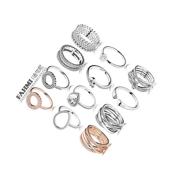 FAHMI 100 % 925 Sterling Silber Schmuck Zirkon Charm herzförmige Wassertropfen Sterne Ring Schleife rund hohl Roségold Ring222e