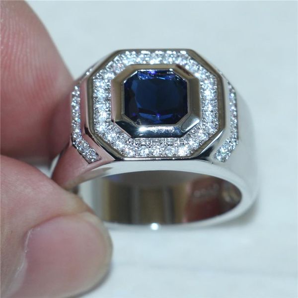 Anéis masculinos de prata 925 quadrado azul safira diamante simulado zircão pedras preciosas alianças de casamento moda noivado jóias meninos199d