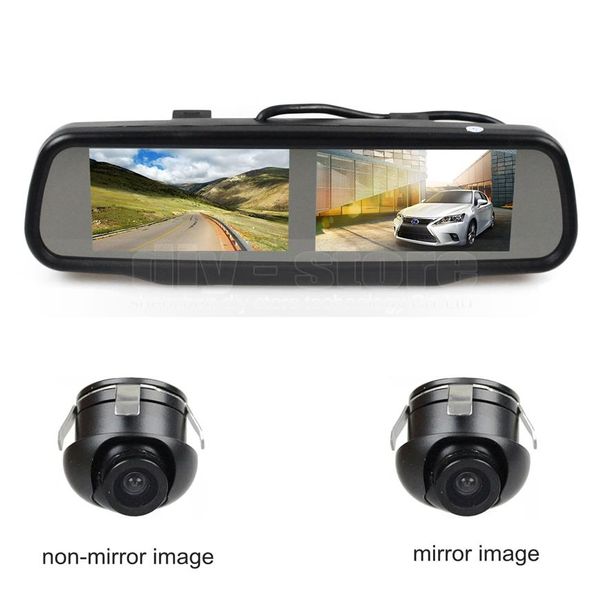Monitor de carro de espelho retrovisor de tela dupla de 4 3 polegadas com 2 x CCD Câmera de visão traseira do carro para câmera de visão traseira frontal 322x