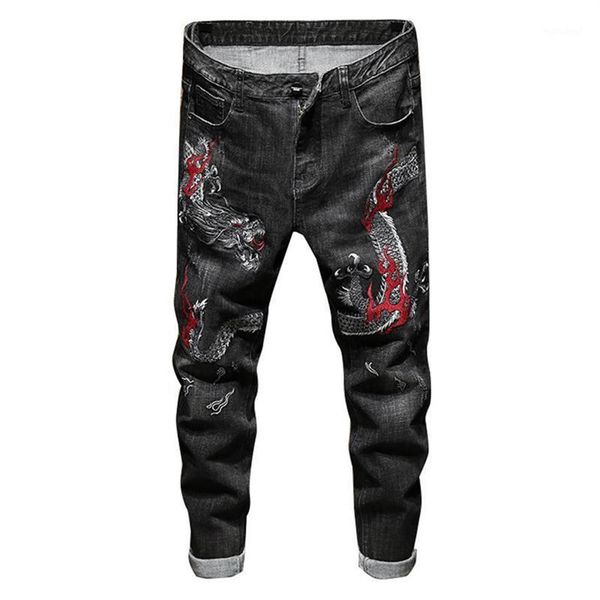 Erkekler Kotlar Erkekler Çin Ejderha Nakış Denim Modaya Düzenli Düz Streç Pantolon Siyah Mavi1247G
