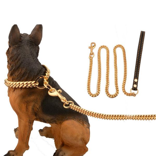Coleira de ouro para cães de estimação de metal aço inoxidável com chumbo super ao ar livre grande corrente de treinamento decoração colar para todos os s 10E Y200515251j