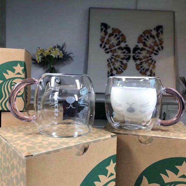 Verão novo Starbucks Taiwan Little Cat copo de vidro transparente alça rosa caneca de leite de café de vidro duplo 250ml246S