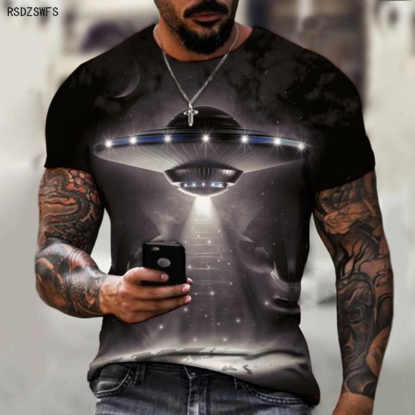 Научная фантастика НЛО космический корабль космический космический технологий тенденция индивидуальности мужской лето 2021 г. Новая негабаритная футболка