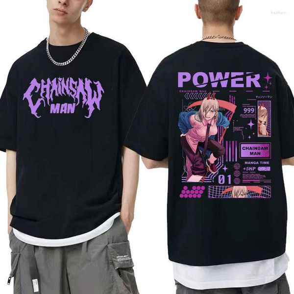 Camisetas masculinas Anime Motosserra Man Power Dupla Face Impressa Camisetas Qualidade Unissex Moda Casual Camisa Homens Mulheres Manga Camisetas Grandes