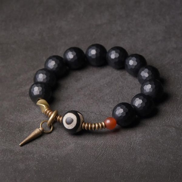 Pulseira de obsidiana preta com face de 10 mm, miçangas tibetanas mistas vintage, cobre processado Zen, joias de oração de cura para homens e mulheres 237 m