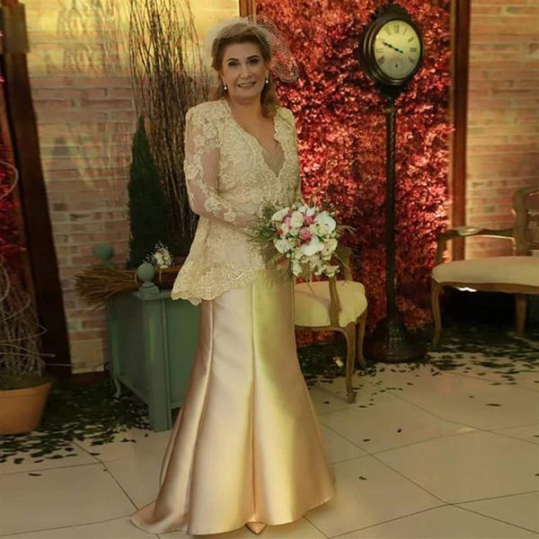 Altın İki Parçalı Gelin Damat Elbiseleri V Boyun Dantel Aplikleri Düğün Partisi Anne Elbiseleri Konuk Saten272Q