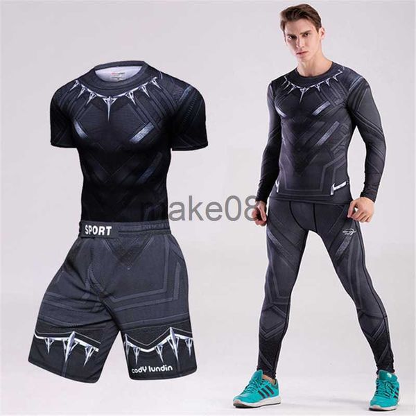 Fatos de treino masculinos Camisa de compressão Black Panther Spider Fitness Winter Soldier Gym Workout MMA Rashguard BJJ Men Jiu Jitsu Running Jogging Set J230720