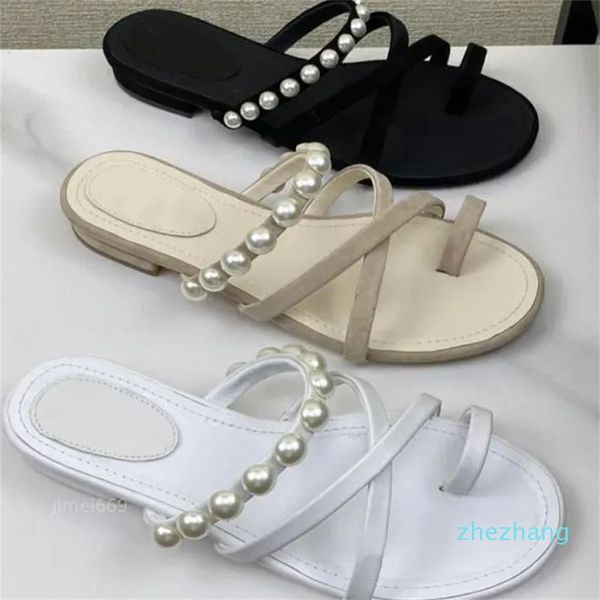 2023 novas sandálias combinação de alça cruzada chinelos femininos pérola sandálias planas design simples cor sólida Clip toe flip flop chinelo moda versátil