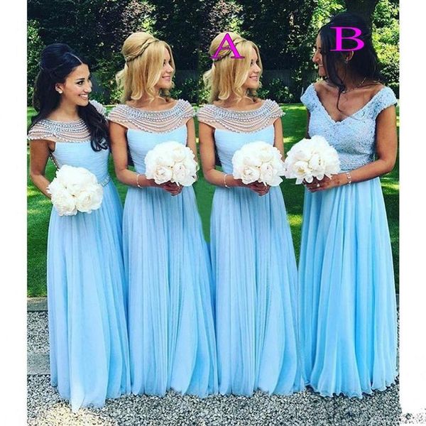 Abiti da damigella d'onore boho lunghi azzurri con scollo a V Perline Perle Chiffon country Abito da damigella d'onore per ospiti di nozze Cheap278i