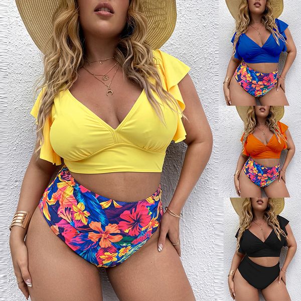 Damen Plus Size Bademode Bikini Hohe Taille Rüschen Set Sexy Volant Frauen Zweiteiliger Badeanzug Floral Beachwear V-Ausschnitt Fledermaus 230719