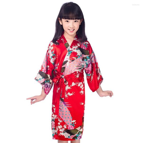 Pigiameria da donna Summer Children Kimono Robe Gown Casual Mezza manica Negligee Stampa Peacock Flower Girls Wedding Camicia da notte in raso morbido