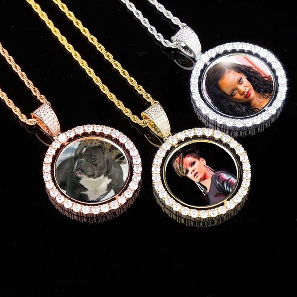 Hip Hop Iced Out Zircon Jóias Colar com Pingente Po com Imagem Personalizada Feminino Masculino Colar com Medalhão de Memória Personalizado Ouro Prata306P