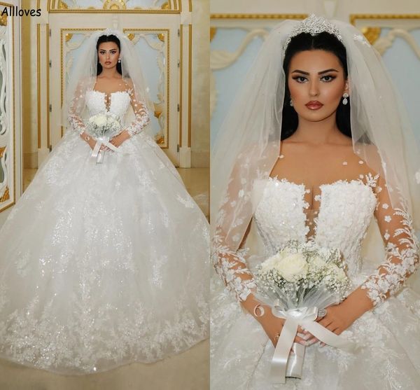 Erstaunliche Dubai-Arabisch-Hochzeits-Ballkleider aus dem Nahen Osten mit langen Ärmeln, glitzernden Pailletten-Spitzenapplikationen, formelle Brautkleider, transparenter Ausschnitt, Prinzessin-Vestidos CL2640