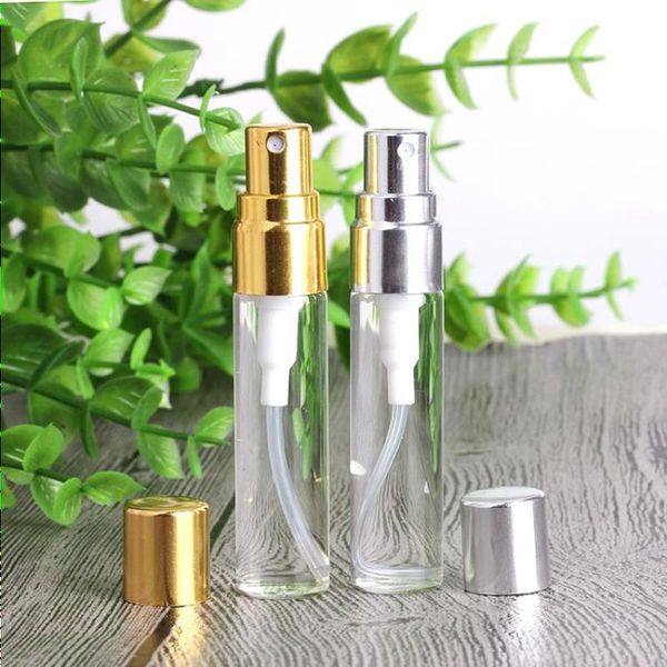 Lote de 540 unidades de frascos de spray de vidro âmbar claro 5ml com tampas douradas prateadas transparentes para perfume cosmético com pulverizador de névoa fina atomizador grátis DH Wupo