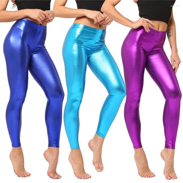 Leggings femininas Calças esportivas brilhantes metálicas brilhantes Calças fitness de couro Calças coloridas Candy Calças falsas