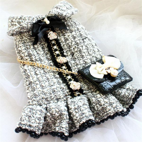 abbigliamento per cani fatto a mano cappotto per animali domestici vestiti per gatti giacca vintage stile classico grigio tweed imitazione pelle di coccodrillo borsa lady holid221G