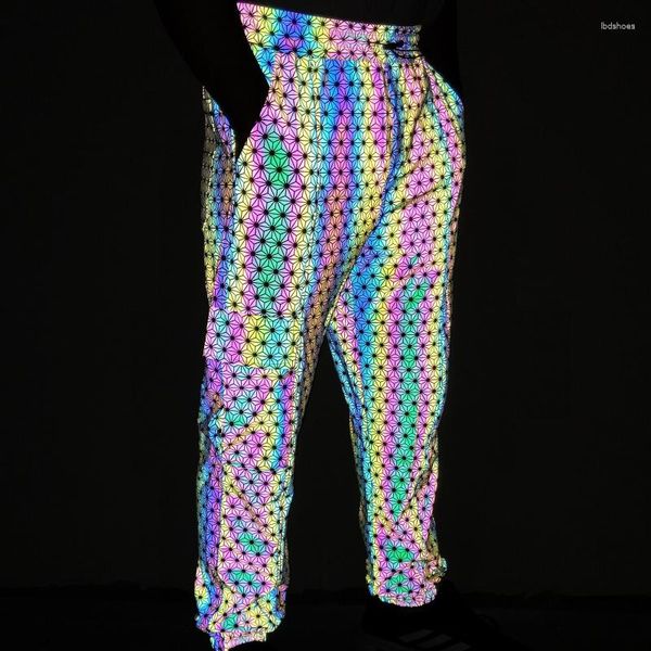 Calças masculinas coloridas holográficas reflexivas masculinas hip hop malha respirável cintura elástica cargo casual moletom jogging