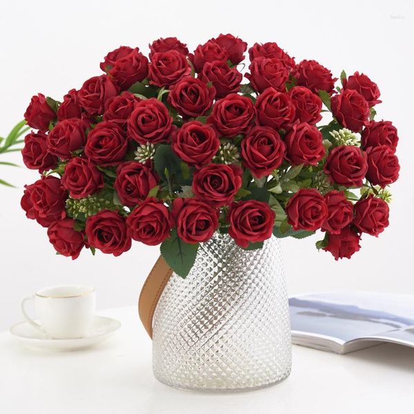 Dekorative Blumen 10 Köpfe Seide rote künstliche Rose DIY für Hochzeit Home Dekoration gefälschte Pfingstrose Brautstrauß Party Tisch Vase Dekor