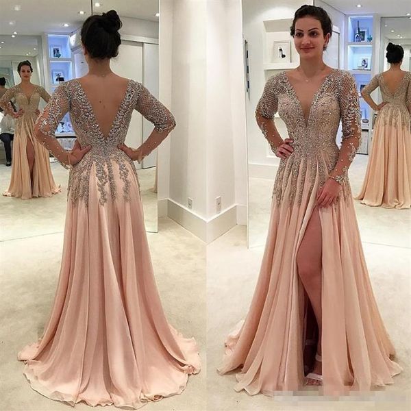 2020 Abiti da sera Bling Indossano scollo a V profondo Perline Crystal Maniche lunghe Backless Chiffon Side Split Veatidos Lungo Una linea Party Prom2211