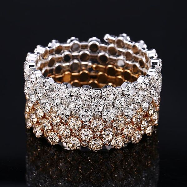 Brilhante casamento nupcial pulseira ouro prata banhado 3 fileiras 5 linhas strass baile de formatura festa de noite jóias árabe estiramento pulseira feminina 2626