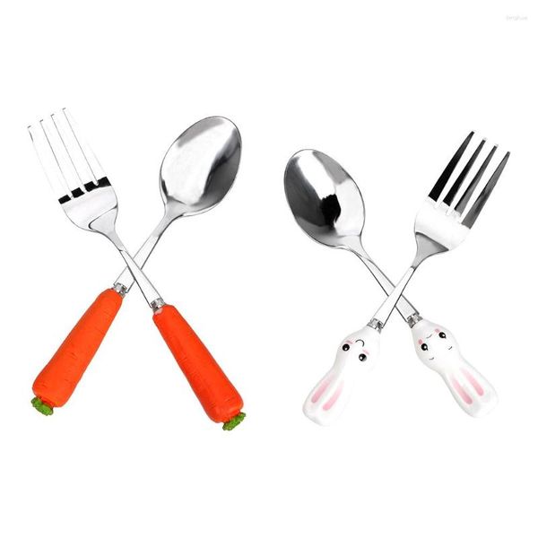 Cucchiai per bambini Utensili per l'alimentazione dei bambini Carota dei cartoni animati Set di stoviglie per bambini in acciaio inossidabile Cucchiaio Forchetta Simpatica sicurezza