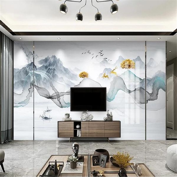Milofi benutzerdefiniertes großes 3D-Tapetenwandbild im chinesischen Stil, handgemalte abstrakte Linien, Landschaft, Zen-Hintergrund, Wand181S