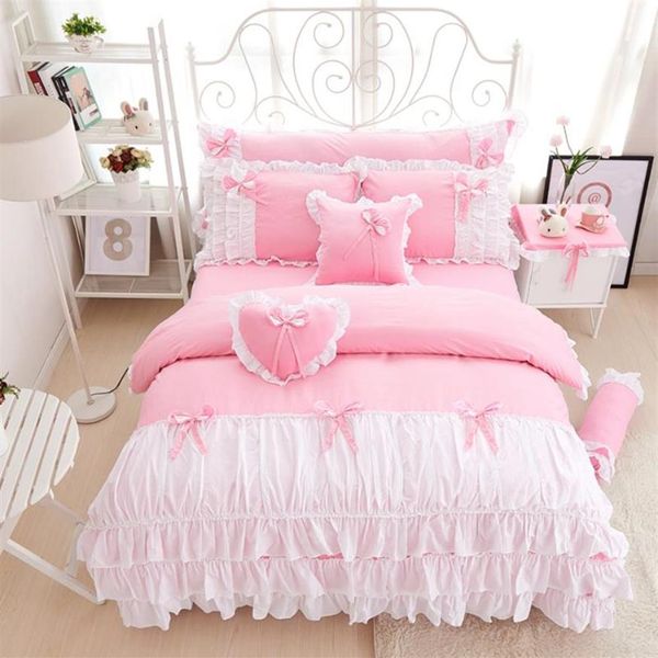 3 4 pçs conjunto de roupa de cama princesa rosa de algodão com borda de renda rosa sólido e cor branca conjunto de quarto duplo queen rei capa de edredom saia de cama234b