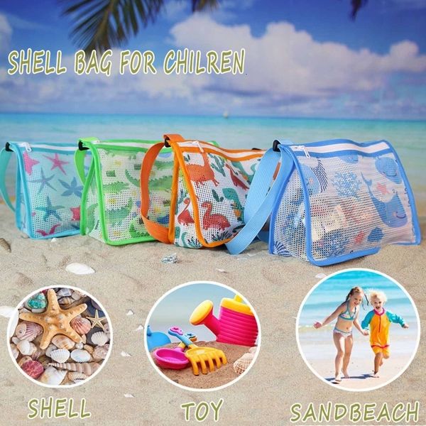 Sand Play Water Fun Netted Bag Beach Shell Summer Pool Zipper w Ajustable Stray Toy Kids Travel Packing Accs 230719