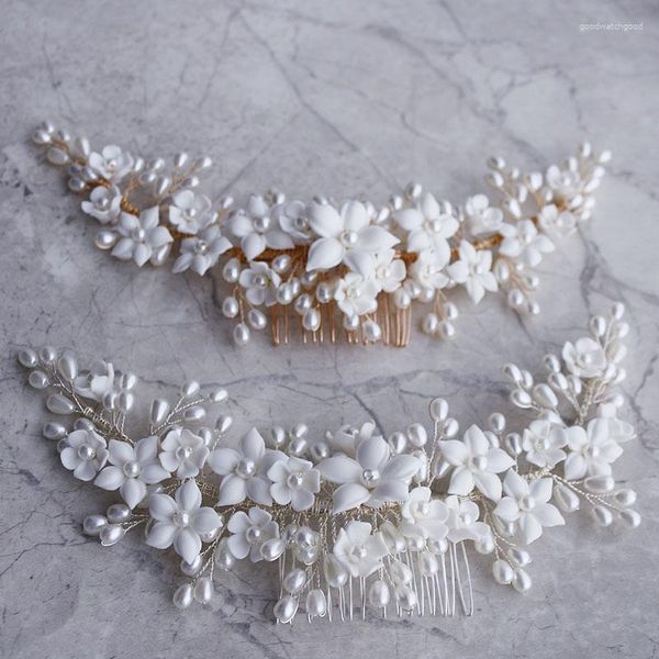 Grampos de cabelo requintado bege pérola feito à mão flor de cerâmica pente de noiva baile de formatura acessórios femininos joias