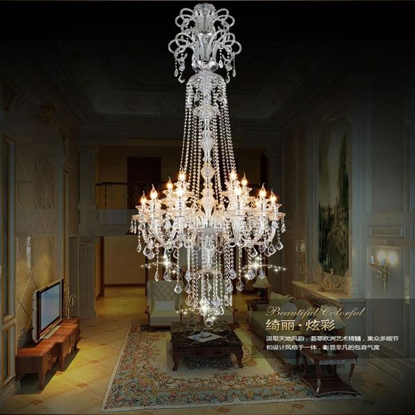 candelabro de cristal de luxo longo escada grande moderno K9 Lobby lustres de cristal luminária331y