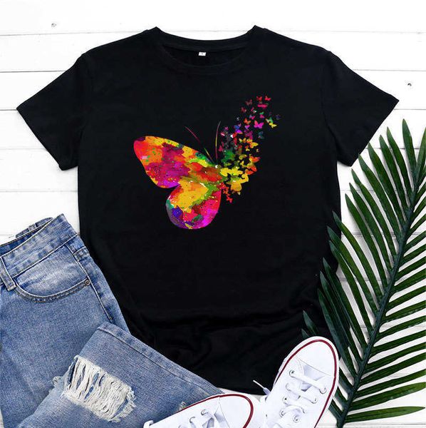 T-shirt a maniche corte estiva con motivo a farfalla colorato sciolto da donna di nuovo stile