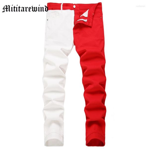 Jeans masculino vermelho branco emendado moda de rua para homens magro casual hip hop streetwear calças design micro elástico para motobiker