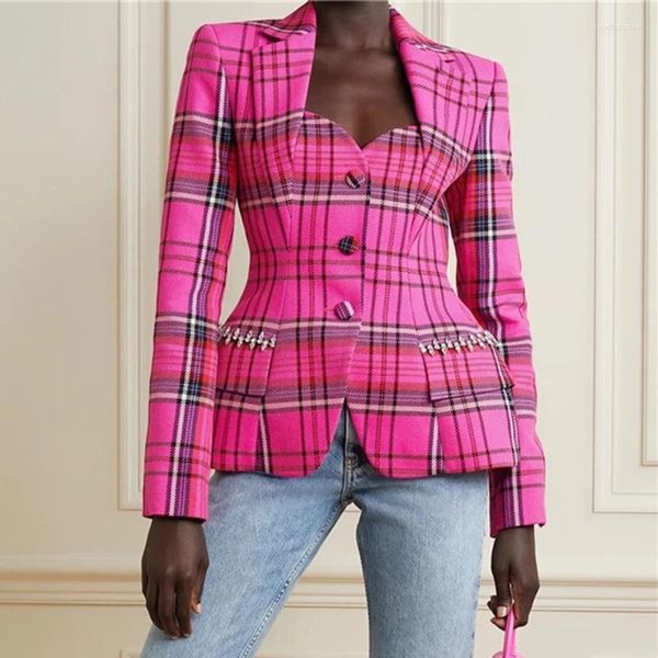 Jaquetas femininas rosa xadrez jaqueta fina sexy sem costas oco gola quadrada com contas casaco curto 2023 primavera verão roupas de marca