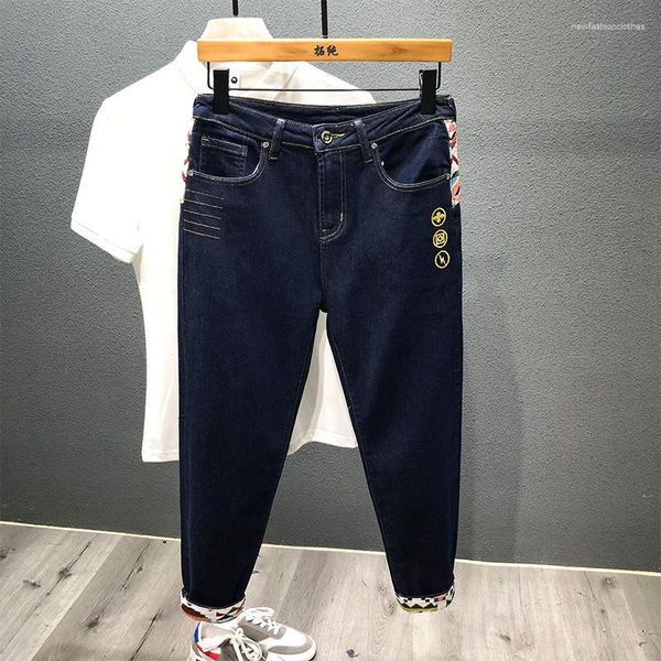 Jeans Masculino Marca Roupas Masculinas Moda Slim Bordado Costura Simples Japonês Streetwear Calça Cargo Denim Azul Marinho