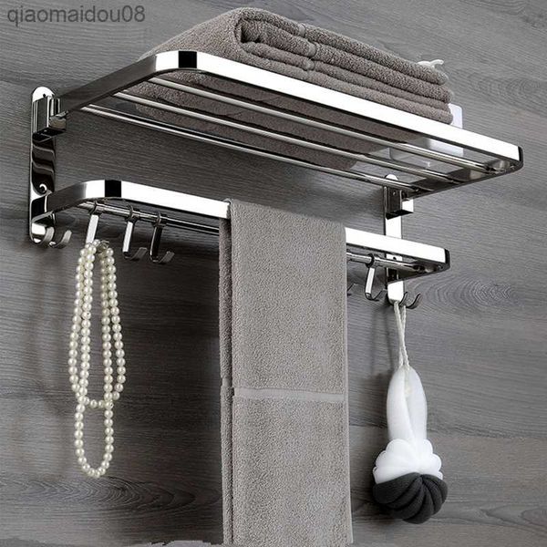 Prateleira dobrável móvel para toalhas de banho em aço inoxidável polido porta-toalhas para banheiro prateleira para armazenamento gancho acessórios L230704
