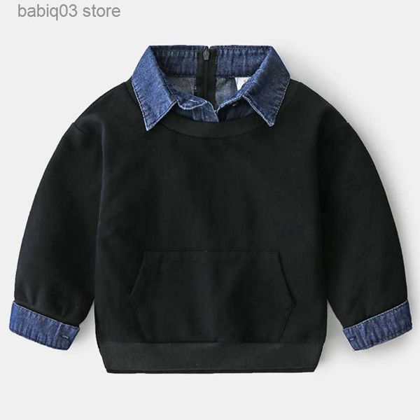 Hoodies Sweatshirts 2021 Spring Autumn New Design 2 3 4 5 6 7 8 9 10 12 Years Children Turn-down Gola Denim Patchwork Sweatshirt For Kids Baby Boy T230720