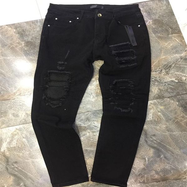 Jeans masculinos novos estilos, jeans de couro remendados com rugas, jeans de motociclista de alta qualidade, moda hop hop, calças dobradas nos EUA, tamanho 29382859